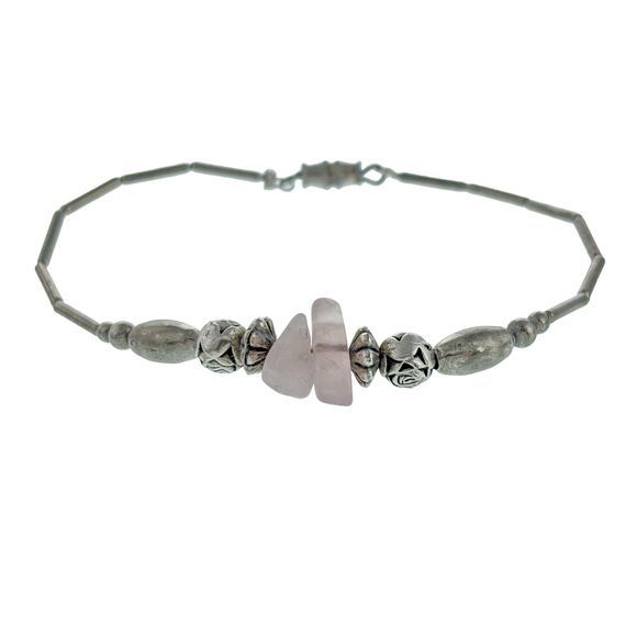 Vintage Liquid Sterling Silver 925 Rose Quartz Beaded Bracelet Size 7.5" - Picture 1 of 8